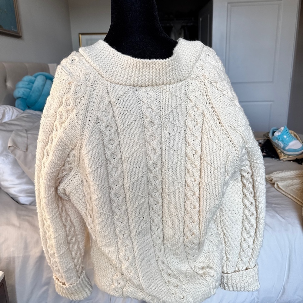 Vintage Cozy Irish Wool Cream Cable Knit Cardigan - Picture 3 of 15